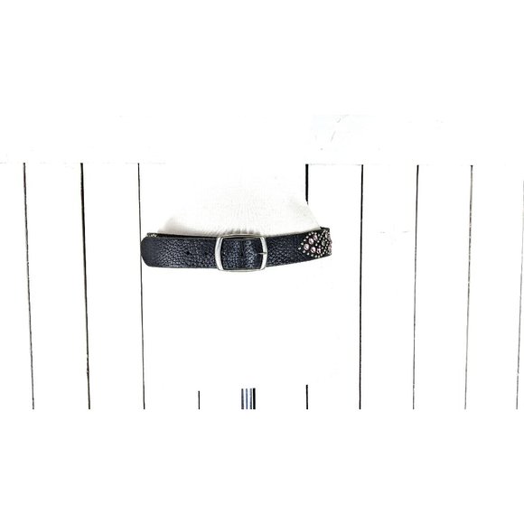 Vintage wide black metal studded rhinestones beaded leather belt 32 - Picture 1 of 5